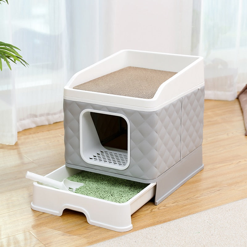 Enclosed Cat Litter Box Scratching Board Drawer Style